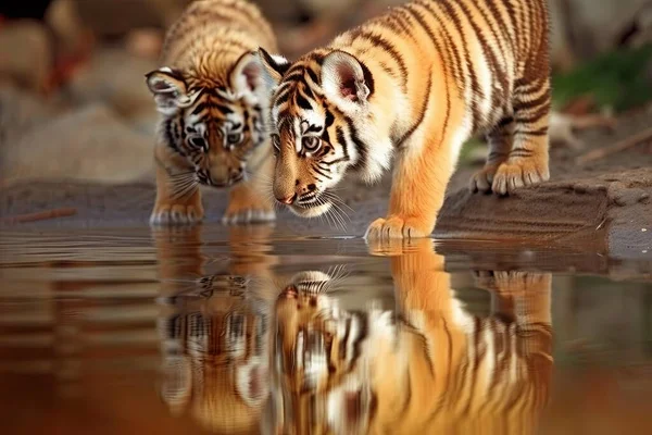Tiny tiger cubs stare at their reflection in a pool, captivated by the image. It shows their bravery and fear, as they recognize both their capabilities and uncertainty of unfamiliar tigers in mirror.