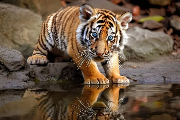 tiny tiger cub gazes into pool entranced by its own reflection. The image captures duality of courage and fear, as the cub sees both its potential and the threat of the unknown in the mirrored tiger.