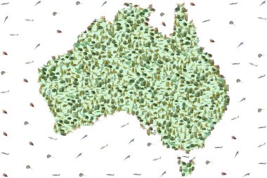 Australian animals in Australian map. Wildlife animals: Emu, Echidna, Tasmanian Devil, Wombat, Kangaroo, Wallaby and Penguin, Ducks, Snakes Lizards and Horse. Sea animals: sharks, mantas and turtles clipart