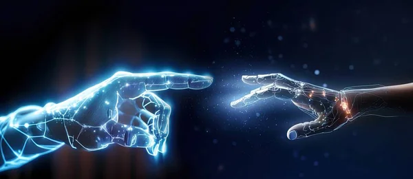 fusion of technology and humanity with a cyborg finger to touch a human finger, representing AI, machine learning and intersection of science and innovation. A modern take on The Creation of Adam.