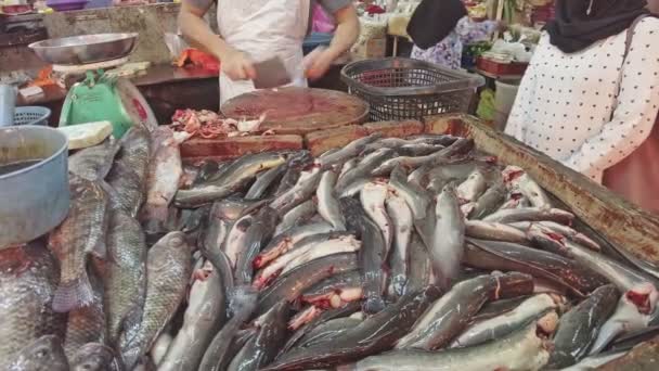 クアラルンプール マレーシア 1月2023 クアラルンプールの活気ある通りの雰囲気を探索し 魚市場の訪問者は 地元経済に貢献しながら 典型的なアジア製品を購入することができます — ストック動画