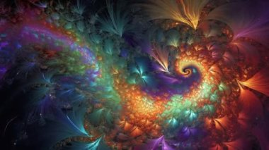 Koyu mavi renkler, ateşli portakallar, elektrik yeşillikleri ve tutkulu mor renkler, hepsi hareket ve derinlik hissi yaratmak için uyum içinde çalışıyor. Soyut fraktal boyama.