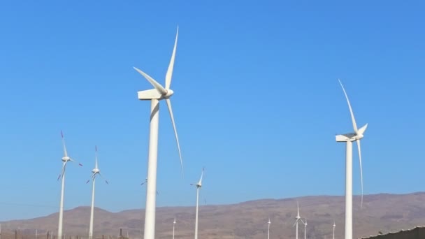 Turbiny Wiatrowe Oferują Czyste Rozwiązanie Energetyczne Panoramie Błękitne Niebo Stanowią — Wideo stockowe