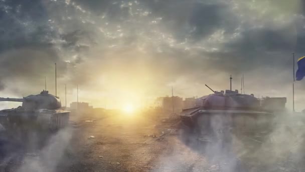 戦場でウクライナの色を持つ荒地で夜明けにウクライナ軍の戦車 ウクライナ戦争と抵抗軍のアイデア — ストック動画