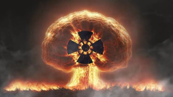Grzyb Ognia Wybuchu Nuklearnego Horyzoncie Tworzący Pożar Nuklearny Symbolem Atomowym — Wideo stockowe
