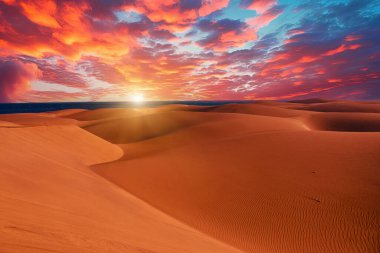 Gran Canaria 'daki Maspaloma kum tepecikleri: kayan kum zengin turuncu, altın ve bakır tonlarını kaplayarak Atlantik Okyanusu' nun derin maviliğine karşı çarpıcı bir kontrastlık yaratır..