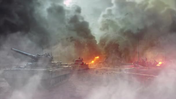 在世界大战的战斗中 在空旷的战场上 当坦克和步兵在爆炸中作战时 发生爆炸 — 图库视频影像