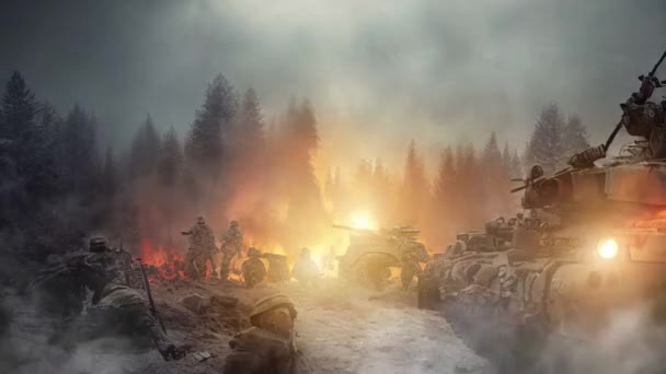坦克和步兵黎明时分在世界大战的战场上作战 在一片荒原上 可以看到一个爆炸和在战争中作战的士兵 — 图库视频影像