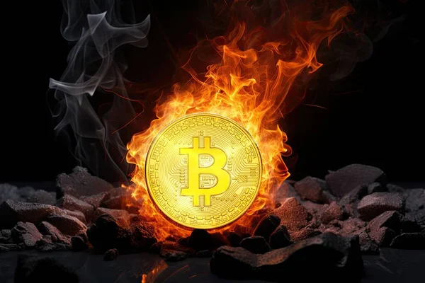 Bitcoin Moneta Oro Fiamme Incendiato Fondo Alla Roccia Nera Crypto Foto Stock Royalty Free