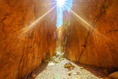 Mid-day sun rays over a gorge canyon Standley Chasm,Aboriginal Land, West MacDonnell Ranges. Angkerle Atwatye is spectacular geological icon of Central Australia. Outback Red Centre Northern Territory clipart