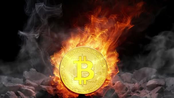 Bitcoin Χρυσό Νόμισμα Στη Φωτιά Που Μαύρο Φόντο Βράχο Κρύπτο — Αρχείο Βίντεο