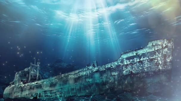 Naufragio Del Titanic Yaciendo Silenciosamente Fondo Del Océano Imagen Muestra — Vídeos de Stock