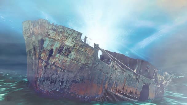 泰坦尼克号的沉船停泊在洋底 它捕捉到了水下环境中令人生畏的气氛 沉船部分被淤泥覆盖 四周都是黑暗而神秘的深渊 — 图库视频影像