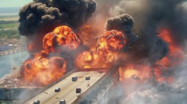 composition about an explosion on Kerch Strait Bridge of Crimea on fire. Concept of sabotage to logistic in an apocalyptic war. Hellish battlefield in the wasteland of Ukraine.