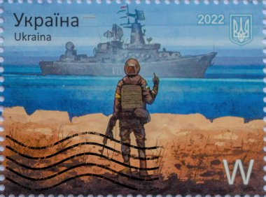 Odessa, Ukrayna - 13 Nisan 2022: Rusya ve Ukrayna arasındaki savaşta Moskva Rus savaş gemisinin batışı anısına Ukrayna damgası.