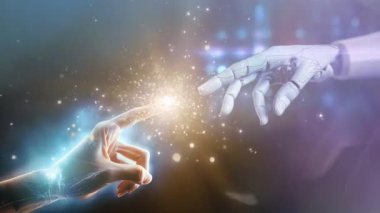 Teknoloji ve insanlığın birleşimi: cyborg parmağı insan parmağına dokunuyor. Bilim, yenilik, gelecekteki olasılıklar kesişiminde yapay zeka öğrenme ve büyük veri bağlantı ağını sembolize eder
