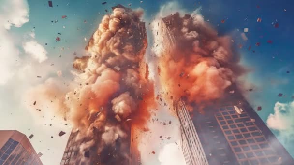アメリカ合衆国の火の空にあるニューヨークのスカイラインのツインタワーへのテロ攻撃のデジタル復元 歴史的な出来事と記念碑 — ストック動画