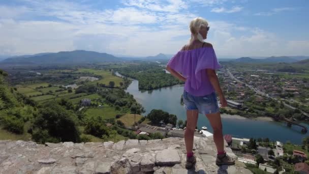 Woman Stands Rozafa Castle Top Ancient Fortress Albania She Gazes — Stock Video