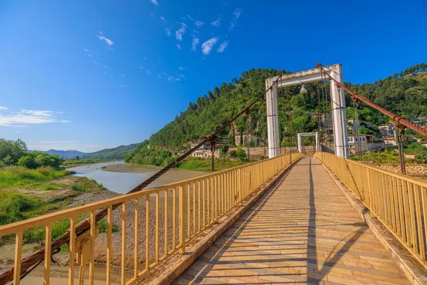 new bridge of Berat spans over Osum River, connecting ancient neighborhoods of Berat city in Albania.