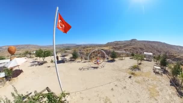 Tourist Woman Devrent Vadisi Lookout Cappadocia Turkey Turkish Flag Place — Stock Video