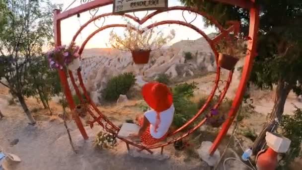 Woman Gazing Sunset Picturesque Red Valley Park Heart Cappadocia Turkey — Stock Video