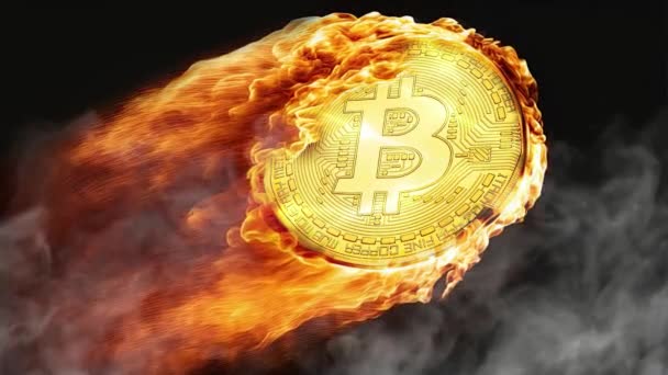 Hot Golden Bitcoin Crypto Currency Bit Symbol Fire Flying High — Vídeos de Stock
