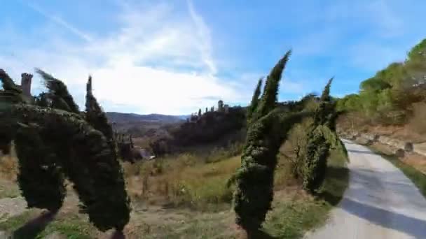 Вид Дрон Hyper Lapse Летить Сільській Дорозі Брісбелла Італії Кипарисами — стокове відео
