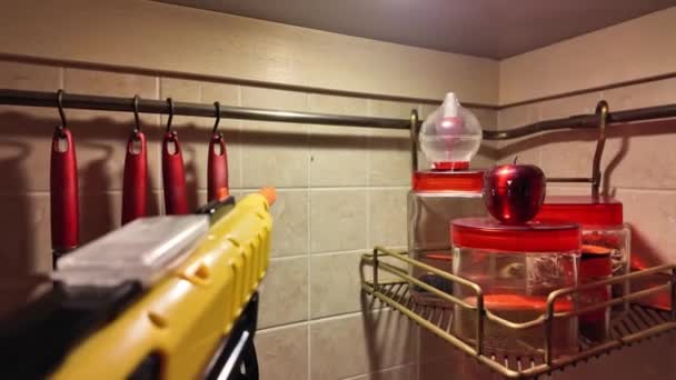 Uma Pistola Sal Brinquedo Cozinha Pronta Pronta Aponta Para Mosquito — Vídeo de Stock