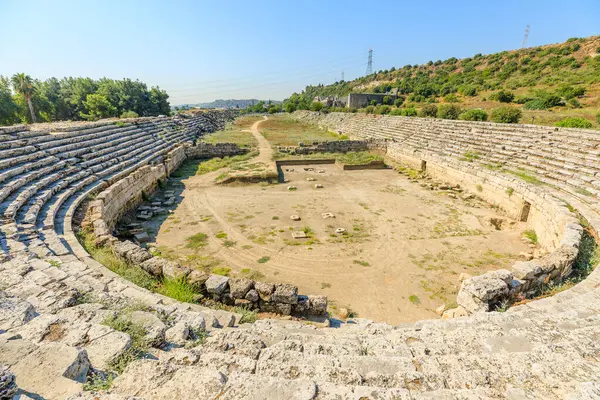 Aerial view on well-preserved ruins of the stadium of Perge City of Turkey. Once accommodated thousands of spectators who gathered to enjoy performances and entertainment.