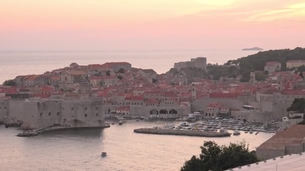 Hırvatistan Dubrovnik Kentinin Eski Ortaçağ Limanının Günbatımı Hava Manzarası Dalmaçya — Stok video