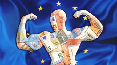 Soyut iş geçmişi. Güçlü Avrupa EURO kavramı. Avrupa bayrağı, vücut geliştirici EUR döviz biçimi. Avrupa para birimi döviz kuruna ilişkin mali konsept. Sinemagraf geçmişi