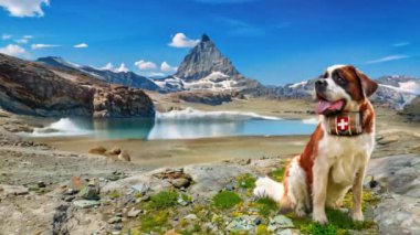 Matterhorn Tepesi 'ndeki Alp çayırlarında fıçısı olan Saint Bernard kurtarma köpeği. İsviçre Alpleri 'nin Cervin Dağı Valais İsviçre' deki Zermatt 'lı Trockener Steg' in buzul gölüne yansımıştır. Sinemagraf.