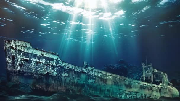 タイタニック号の難破船が静かに海底に横たわっている この画像は 船の難破船の巨大なスケールを示し その断片化された構造が海底に広がっています シネマグラフの背景 — ストック動画