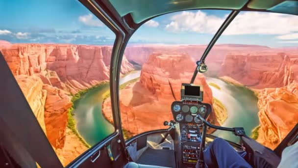 Cockpit Schilderachtige Helikoptervlucht Horseshoe Bend Van Colorado Rivier Arizona Verenigde — Stockvideo