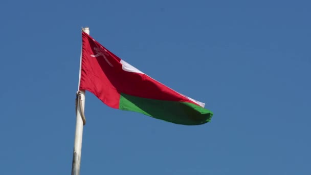 Bandera Nacional Ondeando Omán Sobre Fondo Azul Del Cielo — Vídeo de stock
