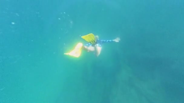 Penyelam Skuba Dengan Sirip Kuning Menjelajahi Dunia Bawah Air Yang — Stok Video