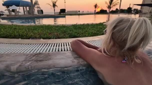 Slow Motion Woman Enjoying Sunset Poolside Tranquil Moment Twilight Girl — Stock Video