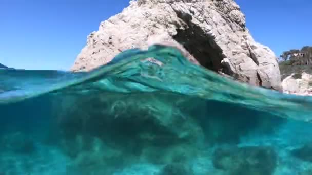 Urzekające Pół Podwodne Ujęcie Ukazujące Czyste Morze Skalistym Wybrzeżem Florą — Wideo stockowe