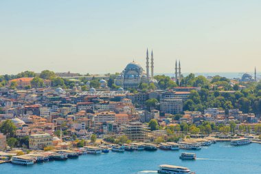 İstanbul 'daki Galata Kulesi, Süleyman Camii ile birlikte ufuk çizgisine bakıyor. Galata Kulesi, İstanbul kenti ve Türkiye Boğazı 'nın nefes kesici panoramik manzarasını sunan ikonik bir simge.