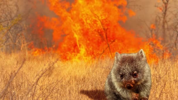2020年のオーストラリアの森林火災におけるオーストラリアの野生生物の組成 背景に火のついたウォンバット オーストラリアに影響を及ぼす2020年1月の火災は これまでで最も壊滅的で致命的なものと考えられています — ストック動画