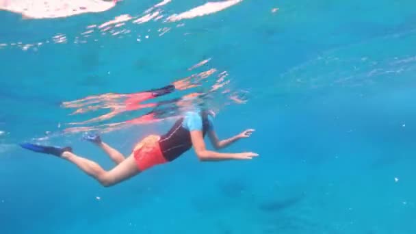 在意大利托斯卡纳群岛海洋保护区的阳光照射下 女游泳者在埃尔巴岛的蓝色洞穴中探索平静的水下世界 Enfola和Portoferraio角 — 图库视频影像