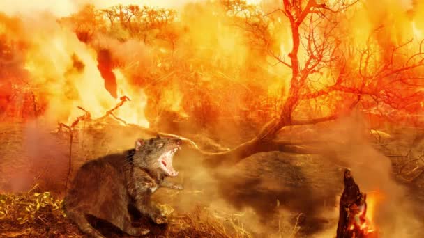 タスマニアのブッシュファイヤーでオーストラリアの野生生物 タスマニアの悪魔と火とバックグラウンドで煙 地球温暖化 自然災害 気候変動 シネマグラフ — ストック動画