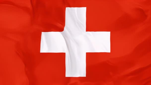 Kiváló Minőségű Kép Svájci Zászló Jellegzetes Fehér Kereszt Hullámzó Szellőben — Stock videók