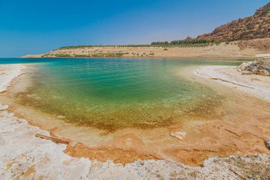 Ürdün 'de sisli bir gökyüzü altında kristal berrak sular ve tuz oluşumlarıyla sakin Ölü Deniz kıyılarının panoramik manzarası