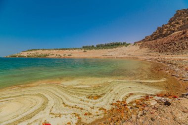 Ürdünlü kurak araziye karşı Ölü Deniz 'in eşsiz mineralli sularını ve tuz oluşumlarını gösteren sakin bir manzara.