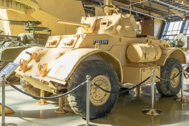 Kraliyet Tank Müzesi, Amman, Ürdün - 4 Mayıs 2024: T17E1 Staghound Amerikan zırhlı aracı Ürdün 'deki Royal Tank Müzesi' nde tarihi askeri araç tasarımı ve mühendisliği sergilenmektedir.