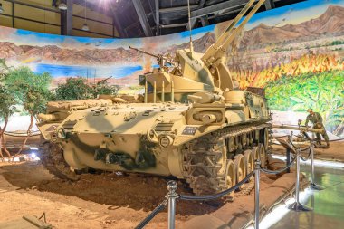 Royal Tank Museum, Amman, Jordan - May 4, 2024: M42 Duster, an iconic American antiaircraft tank from the 1950s, showcased at the Royal Tank Museum in Jordan clipart