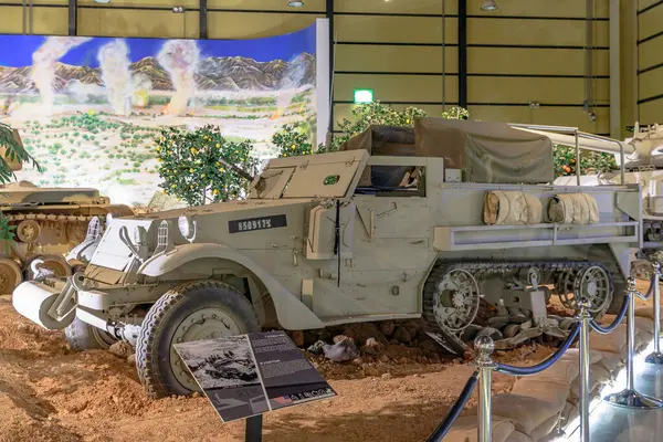 stock image Royal Tank Museum, Amman, Jordan - May 4, 2024: American M3 half-track armored personnel carrier from the cold war era, showcased in the Royal Tank Museum in Jordan