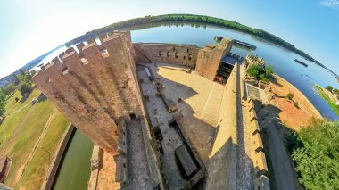 Drone view of Smederevo fortress dominating the Danube in Serbia, offering a panoramic vista of a Smederevo. A national Monument of Culture of Exceptional Importance in Serbia. clipart