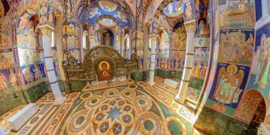 Topola, Serbia, Sept 2,2024: Wide-angle view of the grand dome and marble iconostasis inside St. George Orthodox Church in Topola, Serbia, capturing the stunning Byzantine-inspired artwork clipart